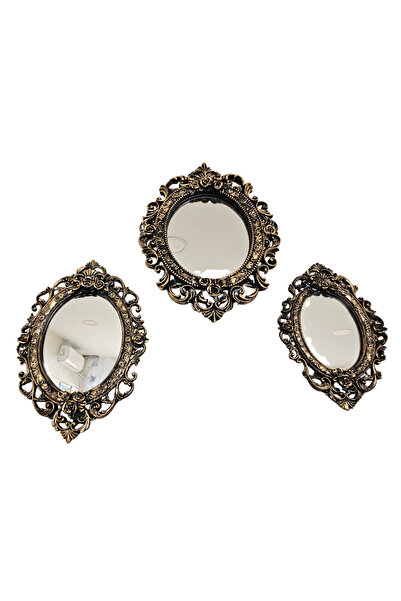 BEREN ATÖLYE Dekoratif 3'lü Ayna Takımı Klasik Model Polyester Eskitme Gold - Dekoratif Ürün