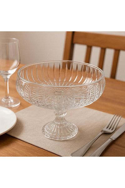 MODA OZY Handmade Large Size Glass Salad Fruit Cookie Pasta Presentation Bowl with Feet Transparent 23 cm