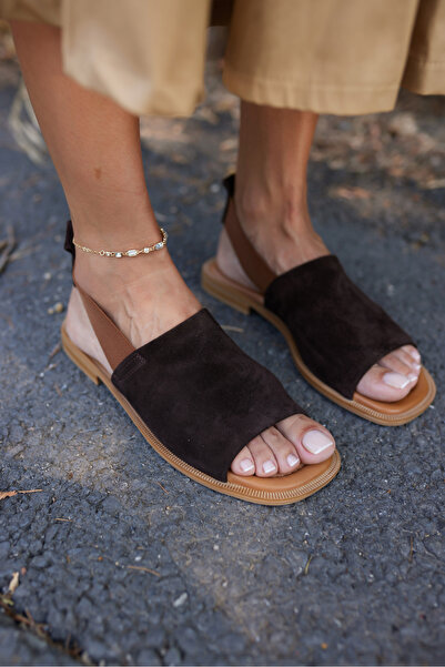 ANGELİNA JONES Raggi̇o Women's Brown Suet Rubber Detail Slippers