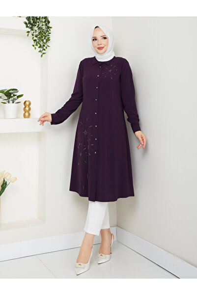 BELLİNA Kadın Medine İpeği Patlıcan Moru Yazlık Tunik