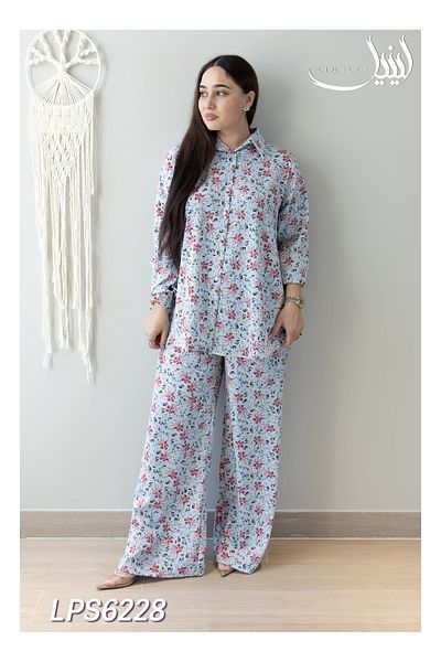 LINELLE Co-ord Set - Light Blue Satin with Multicolor Floral Print.