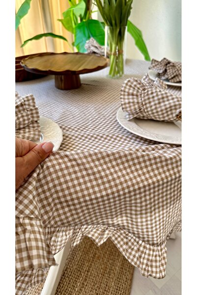 Decamor home Thin Linen Fabric Beige Mini Gingham Ruffled Round Tablecloth (Napkin Not Included)