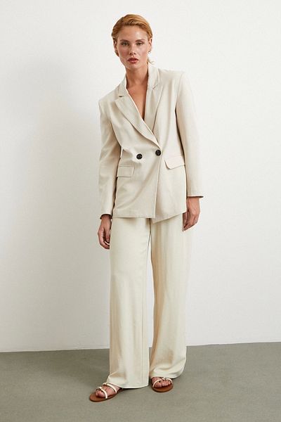 Never more Double Button Linen Blazer Jacket Cream