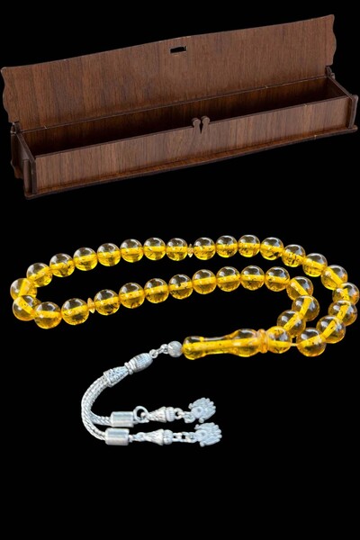 renery Çay Fosilli Sarı Toz Kehribar Tesbih, Kehribar Hediyelik Ahşap Kutulu ...