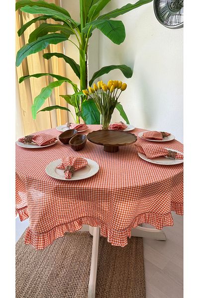 Decamor home Thin Linen Fabric Orange Mini Gingham Ruffled Round Orange Table Cloth