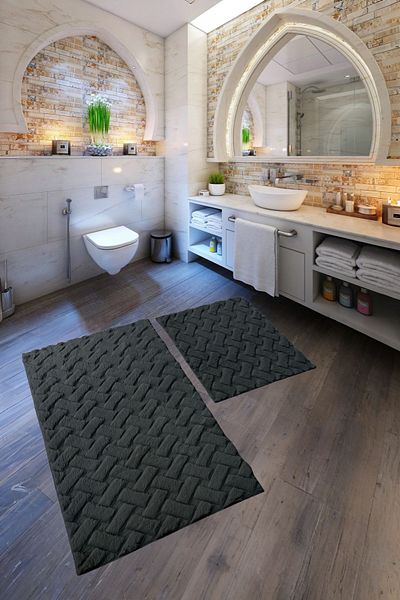 Myevilla Patterned Rabbit Hair Soft 2-Piece Bath Mat – Non-Slip Base Toilet Seat Set Anthracite