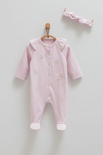 Caramell Baby Girl Jumpsuit with Bandana 100% Cotton Flower Detail (All Sizes with Pads)