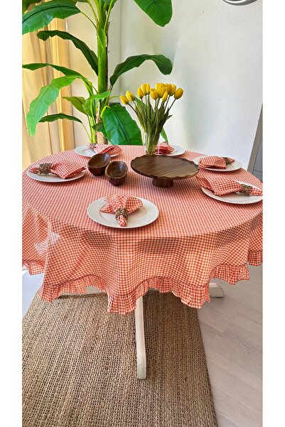 Decamor home Thin Linen Fabric Orange Mini Gingham Ruffled Round Orange Tablecloth (Napkin Not Included)