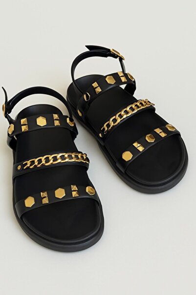 Madamra Black Women's Brown Chain and Gold Metal Detailed Summer Bohemian Stylish Thick Sole Sandals
