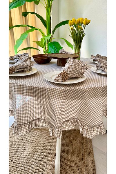 Decamor home Thin Linen Fabric Beige Mini Gingham Ruffled Round Table Cloth