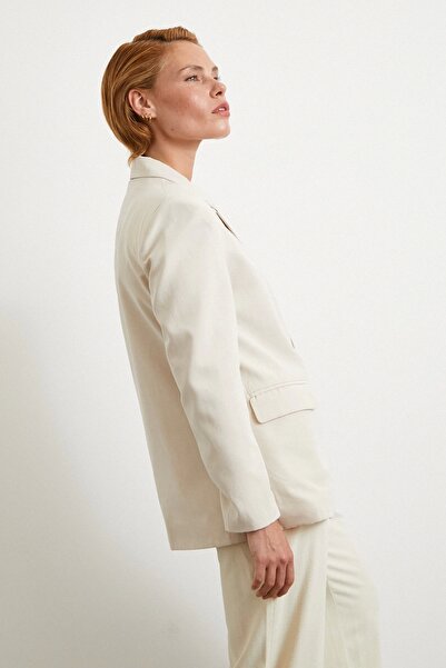 Never more Double Button Linen Blazer Jacket Cream