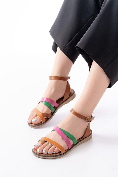 Aymood 205-209 Orange Multi Genuine Leather Buckle Flip Flops Women's Sandals