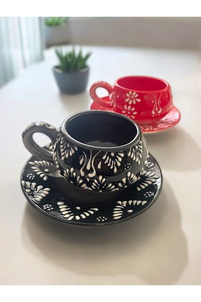 Artistic Quality Decorative Stylish Design Fully Handmade Red and Black 2 Person Coffee Cup