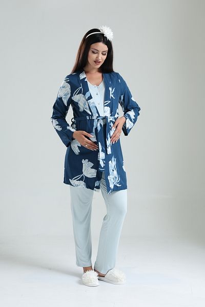 Lohussa Set de pijamale de maternitate pentru maternitate, țesut de vară, 100% bumbac, cu model albastru