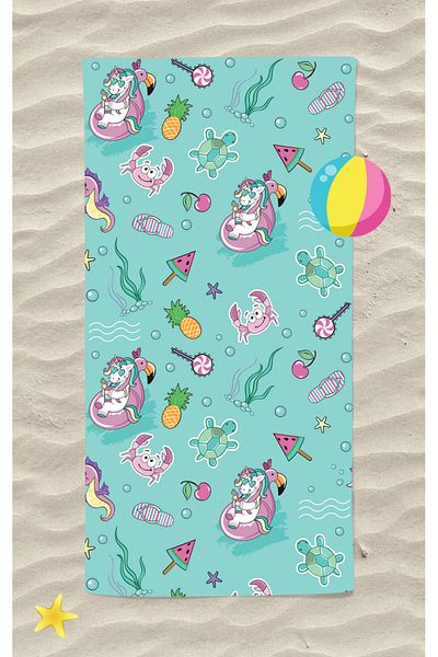 Erays Home Cute Animals Unicorn in the Sea Children's Patterned Printed Beach Towel Unisex Children's Beach Towel