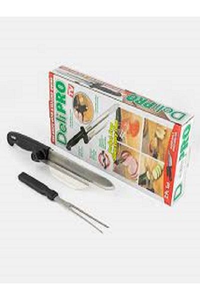 Generic 2pc Deli Pro Stainless Steel Knife with Slicing Guide and Fork as shown in