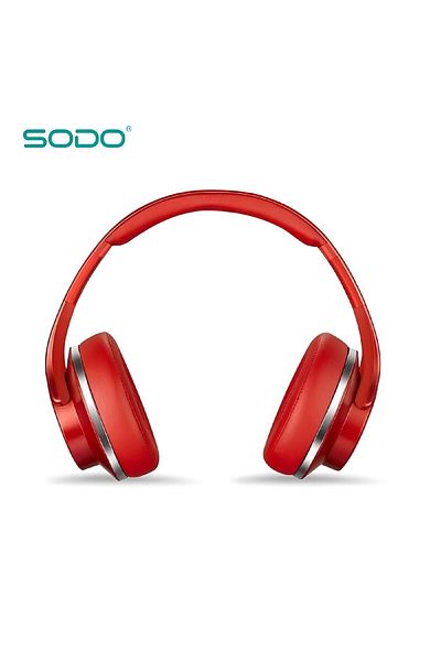 Sodo سماعات رأس بلوتوث فوق الأذن مع ميكروفون باللون الأحمر