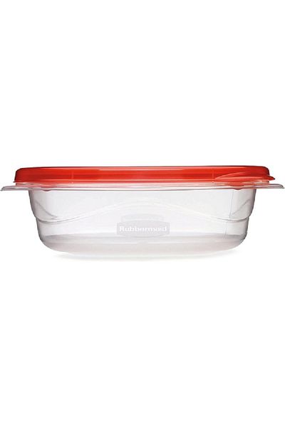 RUBBERMAID مجموعة تخزين طعام بلاستيكية متينة على شكل مربع، مكونة من 4 قطع، خالية من مادة BPA، باللونين الأحمر والشفاف