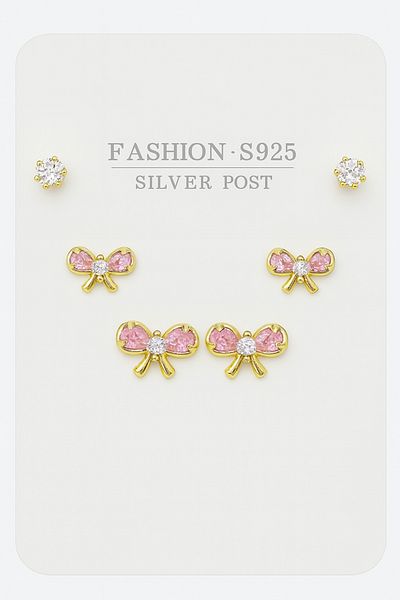 MakeWell Tarnish Free 925S Silver Needle Bow Design Gold and Silver Plated Solitaire Earrings Set of 3