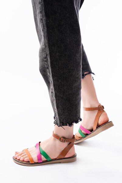 Aymood 205-209 Multi Genuine Leather Buckle Flip Flops Women's Sandals