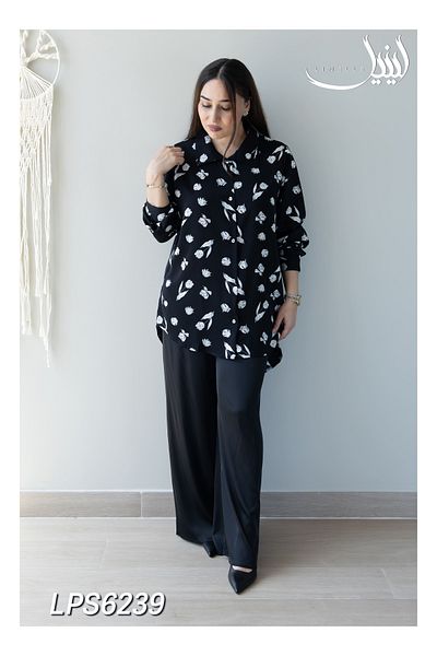 LINELLE Co-ord Set - Solid Black Pants & Floral Printed Shirt in Satin Blend.