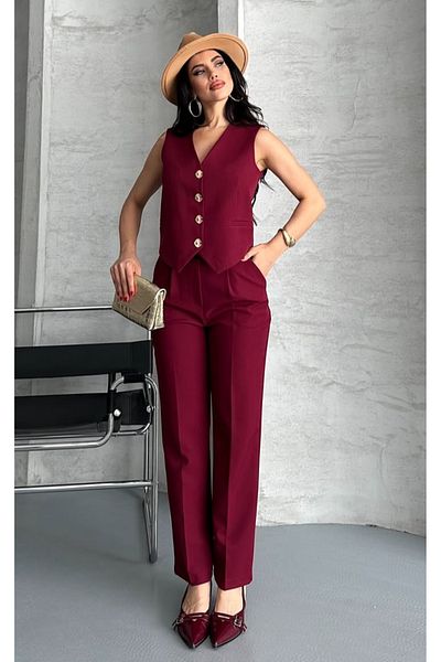 pembekurdelem Women's Flower Button Detailed Classic Vest Trousers Suit Burgundy