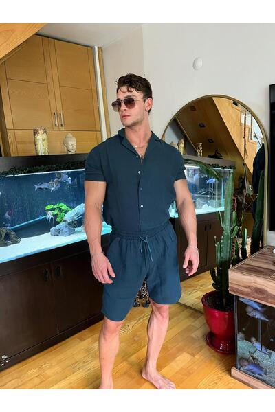 Pubblica Men's Petrol Green Muslin Fabric Top-Top Set