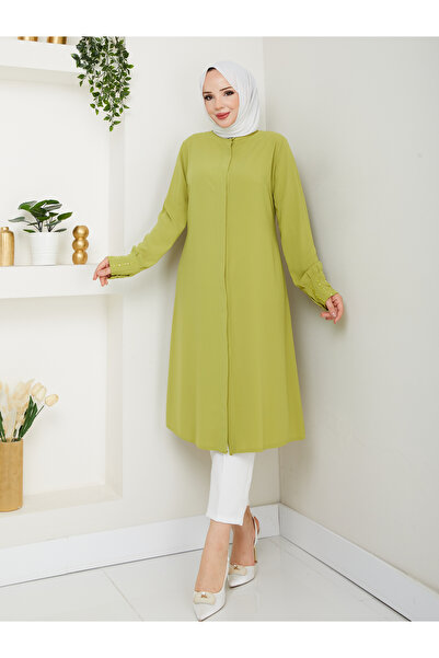 BELLİNA Kadın Medine İpeği Yazlık Tunik Yağ Yeşili