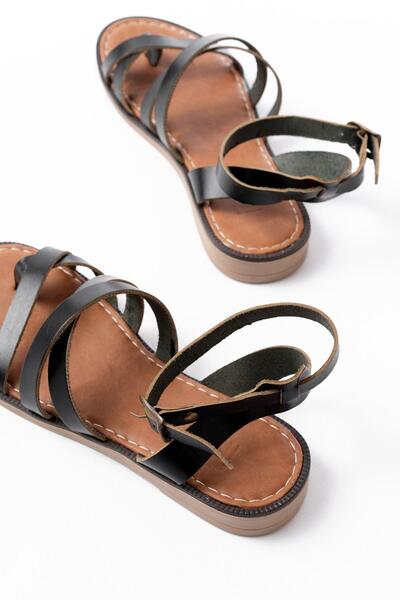 Aymood 205-209 Black Genuine Leather Buckle Flip Flops Women's Sandals