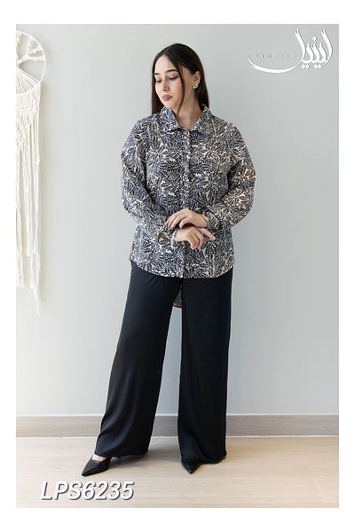 LINELLE Co-ord Set - Monochrome Solid Black Pants & Leaf Printed Shirt in Satin Blend.