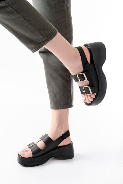 Aymood 24414-572 Black Buckle Daily Wedge Heel Women's Sandals