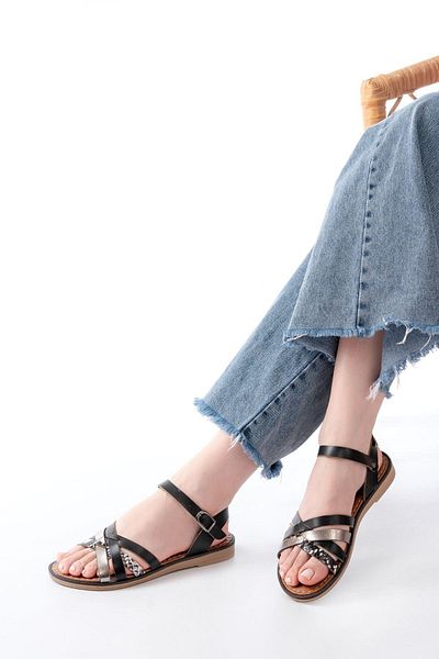 Aymood 205-093 Black Garni Genuine Leather Orthopedic Sole Women's Sandals