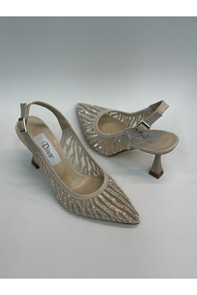 DİVA Krem Taşlı Fileli Kadın Topuklu Ayakkabı