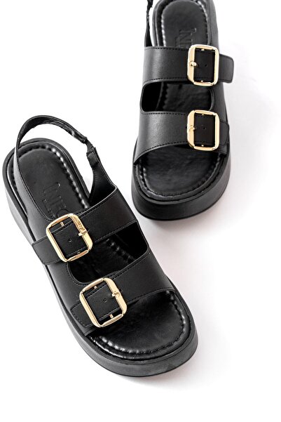 Aymood 24414-572 Black Buckle Daily Wedge Heel Women's Sandals