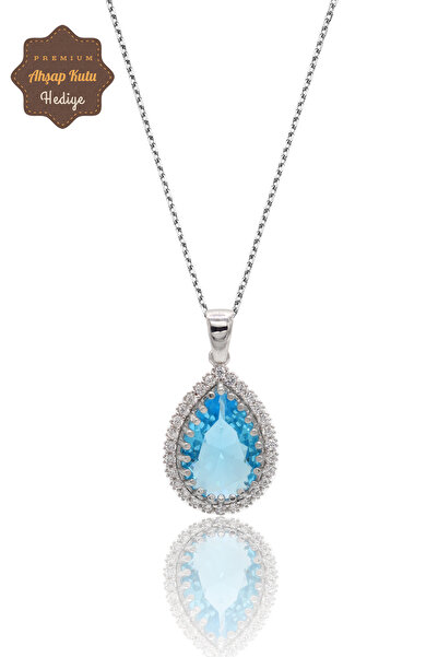 Midyat Nurtaş Gümüş Akuamarin Taşlı Damla Model 925 Ayar Gümüş Kadın Kolye 20...