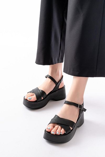 Aymood 24414-1005 Black Daily Cross Wedge Heel Women's Sandals
