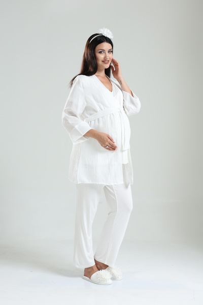 Lohussa Σετ πιτζάμες εκρού λινό με φόρεμα προσαρμοσμένο σχέδιο 100% βαμβακερό καλοκαιρινό φόρεμα εγκυμοσύνης