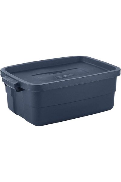 RUBBERMAID Roughneck Stackable Rectangular Tote Storage Box Navy Blue 37.8 Liter