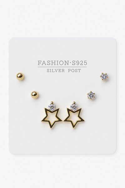 MakeWell Blackening 925S Silver Needle Star Design Gold and Silver Plated Solitaire Earrings Set of 3
