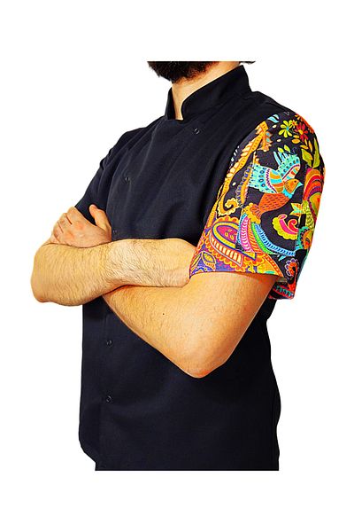 Ant Rotagrup Üniforma ve İş Elbiseleri Chef Jacket Patterned Unisex Snap Fastener Short Sleeve Chef Cook Kitchen Jacket Ethnic Patterned