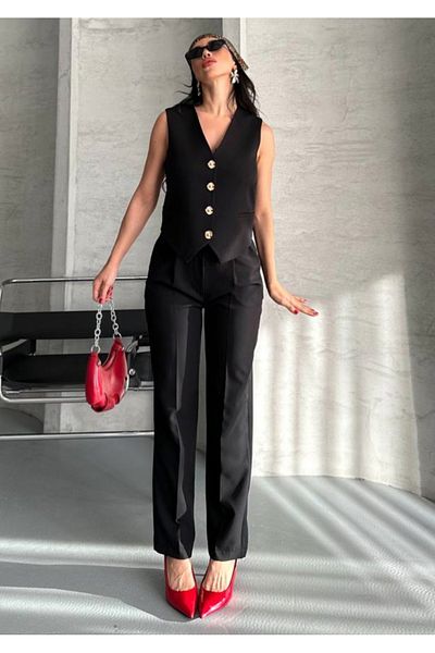pembekurdelem Women's Flower Button Detailed Classic Vest Trousers Suit Black