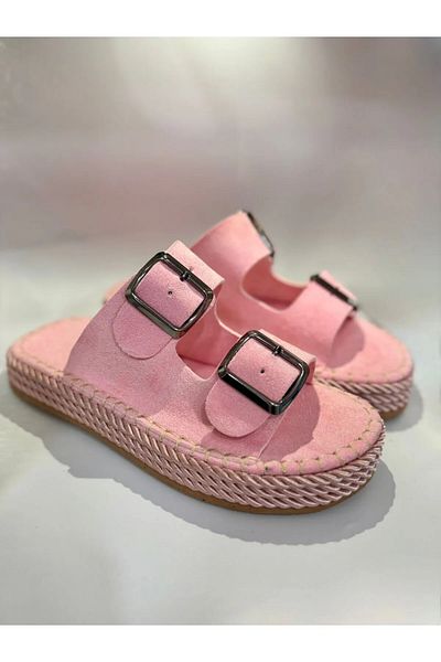 krm dünya ürünleri Krm Women's Double Buckle Stitched Suede-Pink I Light & Comfortable