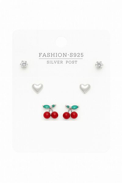 MakeWell 3-Piece Earring Set with Non-Tarnish 925S Silver Needle Cherry Design Gold and Silver Plated Solitaire Earrings