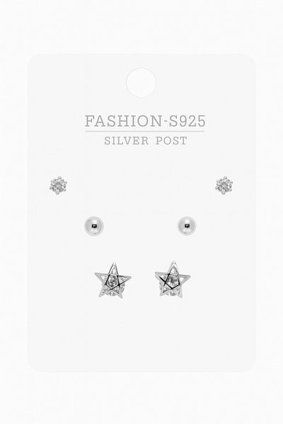MakeWell Blackening 925S Silver Needle Star Design Gold and Silver Plated Solitaire Earrings Set of 3