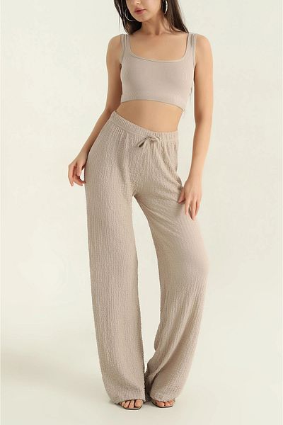 BEYAZTOPTAN 100% Stylish Women's Seersucker Palazzo Pants with Pockets