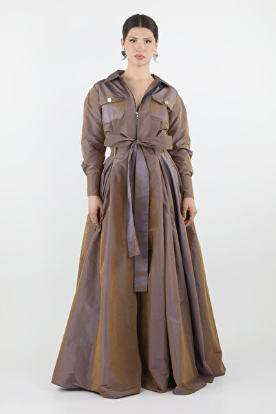 UNTIMELY Lila&Kahve Yansımalı & Önden Fermuarlı, Utility Detaylı Maxi Tafta Elbise