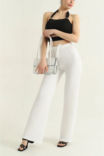 BEYAZTOPTAN 100% Stylish Women's Seersucker Palazzo Pants with Pockets