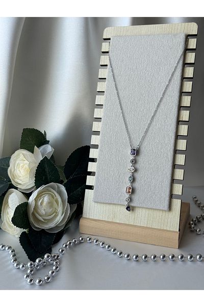 stainles steel Silver Colored 7 Element Colored Stone Design Brand Model Tarnish-Free 316L Steel Y Necklace