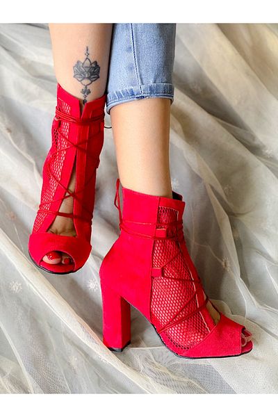 BERFONA Happy Red Mesh Detail 10 cm Heel Summer Boots Sandals