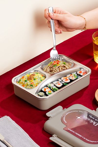 Porsima Stainless Steel 3 Compartment Vacuum Food Thermos Lunch Box Portable Lunch Box Lunch Box